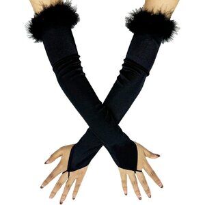 Women’s Black Fingerless Long Length Satin Gloves Halloween Wedding Costume